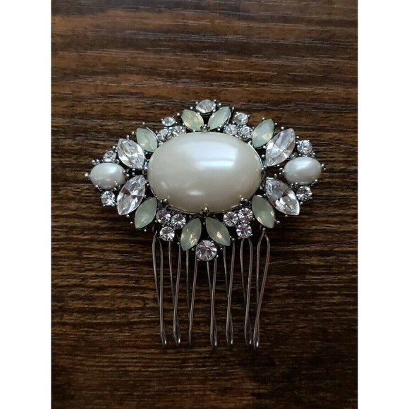 Silver Tone Twisted Wire Rhinestone Faux Pearl HAIR COMB Small Bride Wedding - Picture 2 of 10